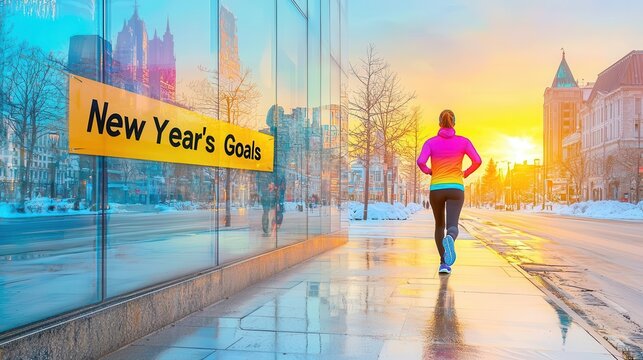 A sunrise scene of a person jogging, side walk banner with the word "New Year's Fitness Goals", vibrant winter workout attire, positive expression, clear sky, fresh air, motivation