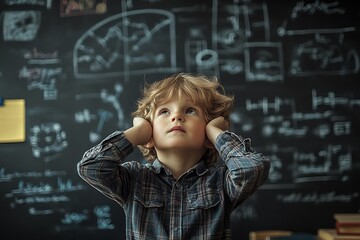 Curious Child Dreaming Big in Front of Chalkboard Filled with Mathematical Formulas and Diagrams : Generative AI
