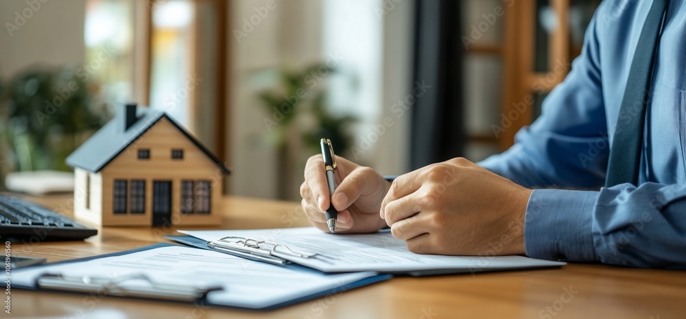 Poster person signing documents with a pen on a desk with a house model.