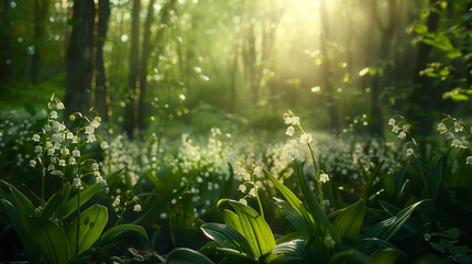 Obraz premium A lush green forest with a lot of flowers and leaves. The sunlight is shining through the trees, creating a peaceful and serene atmosphere. 