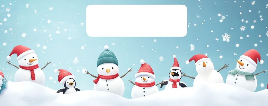 Sc&egrave;ne hivernale de bonhommes de neige et pingouins, &eacute;tiquette.
