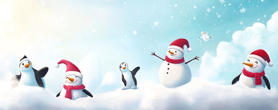 Parade festive de pingouins et bonhommes de neige dans un paysage enneig&eacute;.