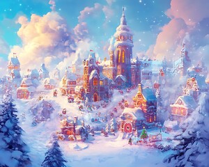 Colorful Winter Village with Friendly Kids and Artwork
