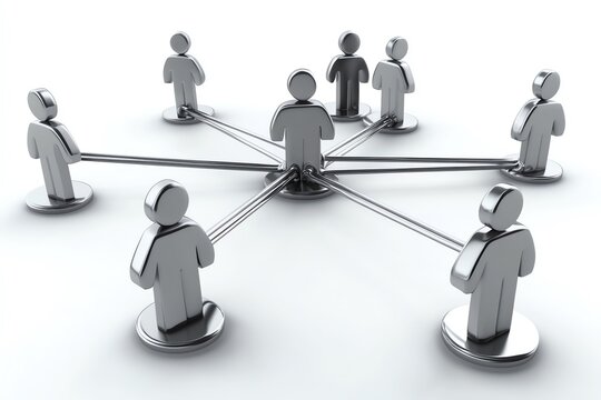 Structure organisationnelle centralis&eacute;e avec figurines 3D interconnect&eacute;es.