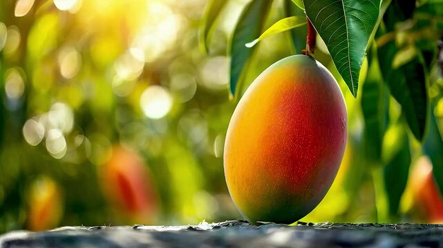 ripe mango  hangs from  a tree branch
