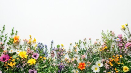 Top-down view of a flower garden bed with mixed blooms against a white background