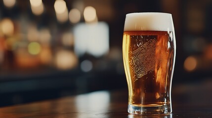 Craft Beer Pint on Bar Counter with Warm Ambient Lighting in Pub Setting : Generative AI