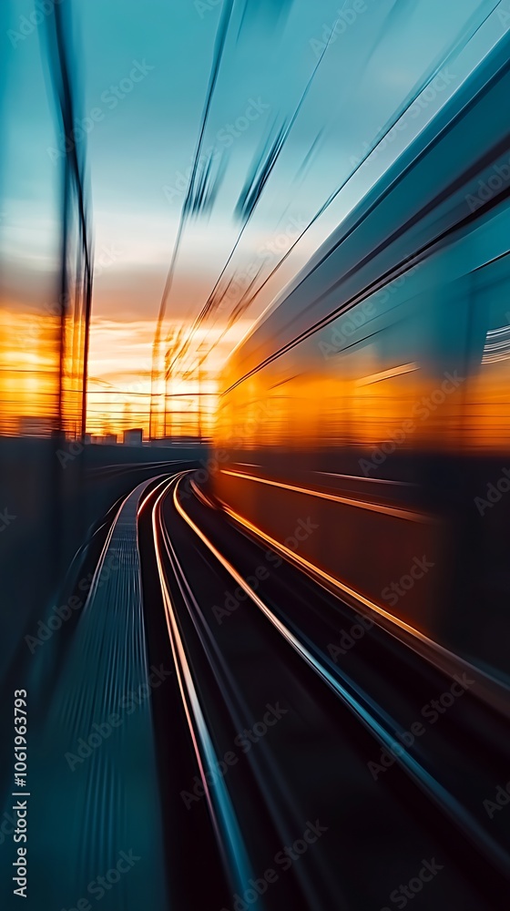 Poster dynamic long exposure train motion at sunset with vibrant colors in urban setting : generative ai