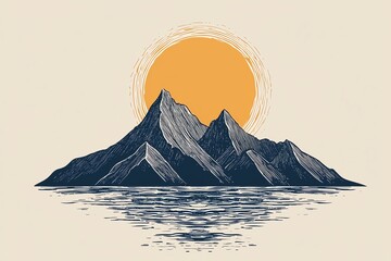 Mountain landscape with a sun setting above the peaks and reflected in the water, abstract and artistic design.