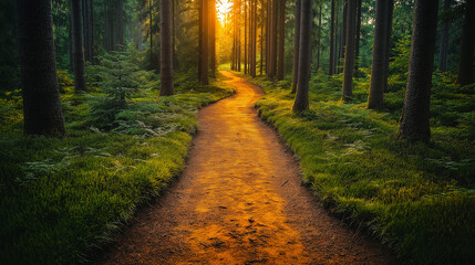 Sunlight filters through the towering trees, illuminating a winding forest path.