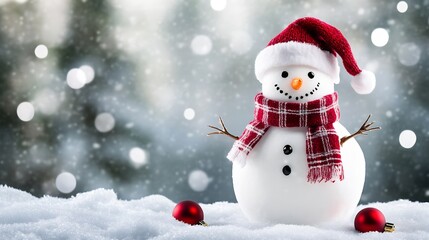 Cute Christmas Snowman in Red Hat and Checkered Scarf with Snow-Covered Background and Festive Ornaments : Generative AI