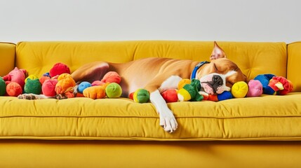 A dog sleeping on a yellow sofa covered with dog toys