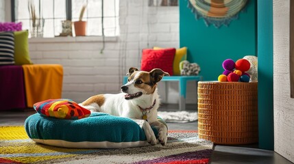 A dog is lying on a colorful dog bed