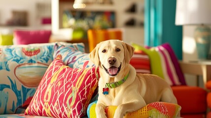 A dog is lying on a colorful dog bed