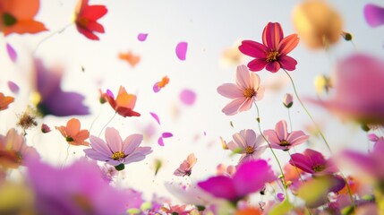 Vibrant spring garden of blooming flowers on a white background, petals open wide