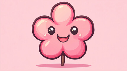 Kawaii cherry blossom character with a cheerful expression against a soft pink background