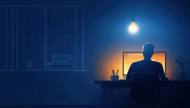 An entrepreneur working late at night from home, with a dimly lit room and a glowing laptop screen, Remote Work After Hours, dedication and persistence