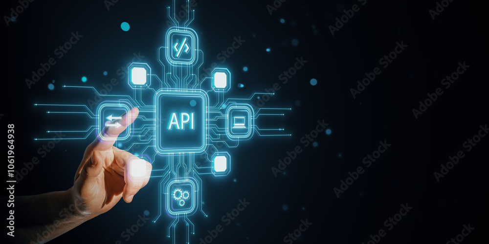 Poster Hand interacting with API hologram interface in a futuristic digital network concept.