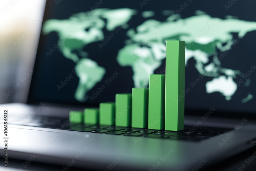Aufkleber global economic growth data trends with digital green bar graph on laptop with world map : generativ