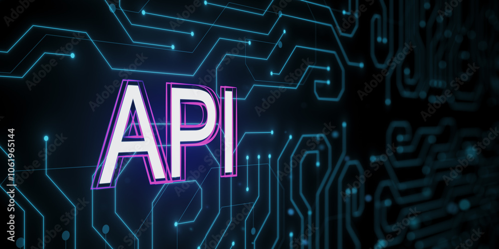 Aufkleber API text on digital circuit board background with neon blue lines. 3D Rendering
