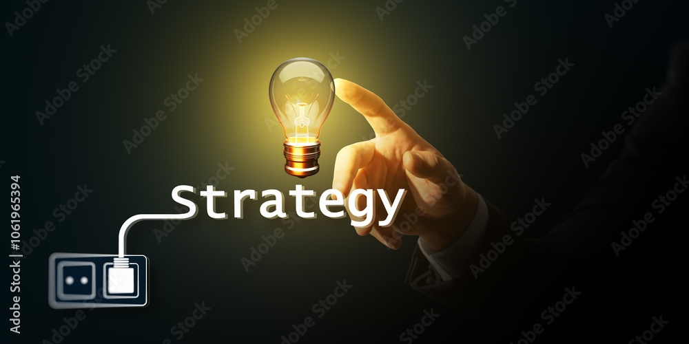 Poster hand touching glowing lightbulb with strategy text, showing business concept and innovation on dark 