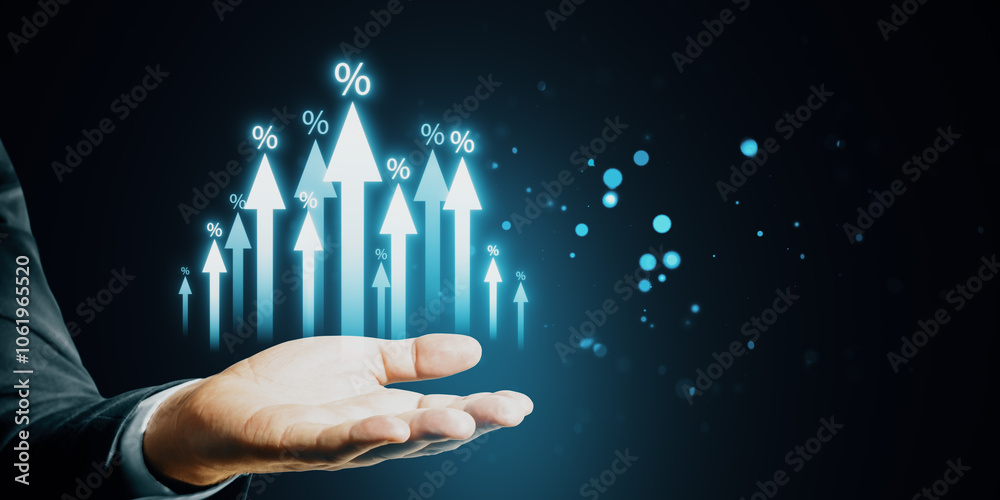 Poster hand showing upward arrows and percentage signs in a business context.