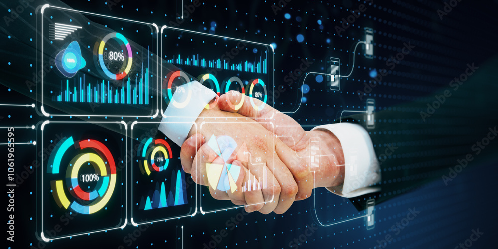 Poster handshake with digital financial charts on a futuristic interface background.