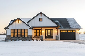 Modern house with lights on at dusk, winter setting