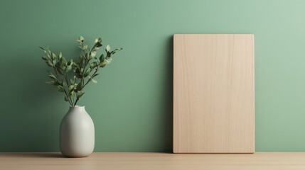 Fototapeta premium A minimalist scene featuring a wooden board, a ceramic vase with greenery, and a soft green wall, creating a serene atmosphere.