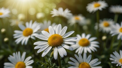 Fototapeta premium Delicate daisy with white petals, flower blossom in floral bloom, spring nature through summer plant life, botanical meadow with fresh charm.