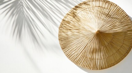 Woven straw umbrella canopy open on white background with subtle shadow effect