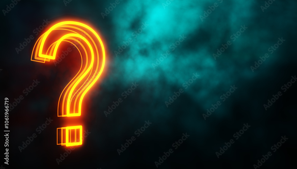 Poster neon question mark glowing in smoke background. 3d rendering