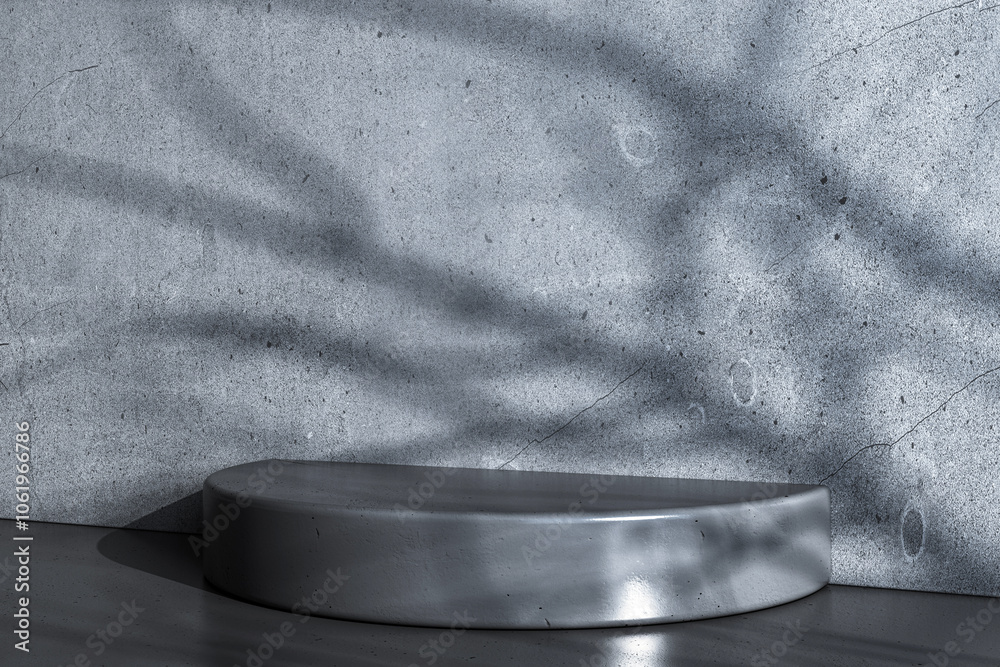 Poster half-round grey podium against concrete wall with shadows. 3d rendering