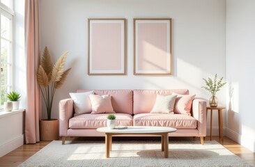 The cozy living room features a stylish pink couch complemented with a charming coffee table, creating a warm and inviting atmosphere