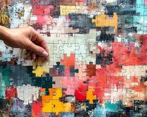 Naklejka premium Modern artwork of a hand fitting abstract jigsaw puzzle pieces together, highlighting the theme of strategic business problemsolving