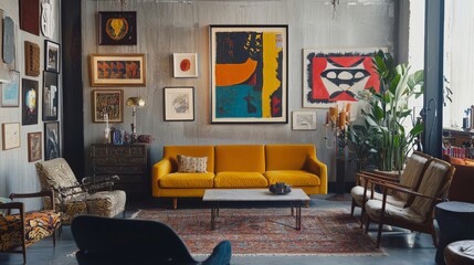 Eclectic interior featuring vintage furniture and bold art pieces