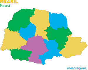 Map of the territory of the state of Parana with divisions by highlighted mesoregions, vector with simple lines of political divisions