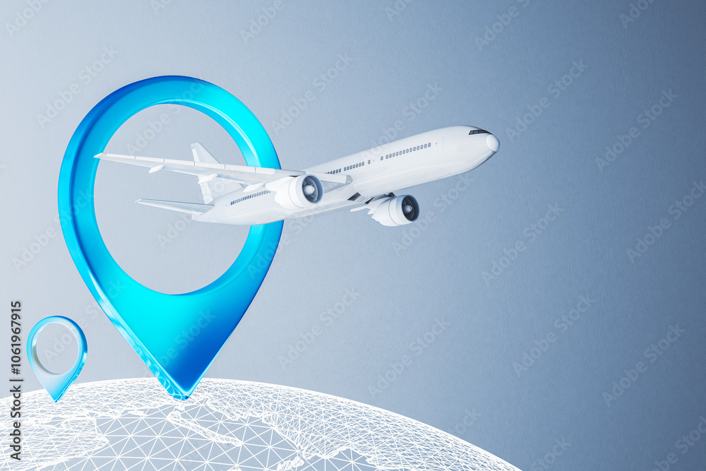 Poster airplane flying near a blue geolocation pin over an abstract globe. 3d rendering
