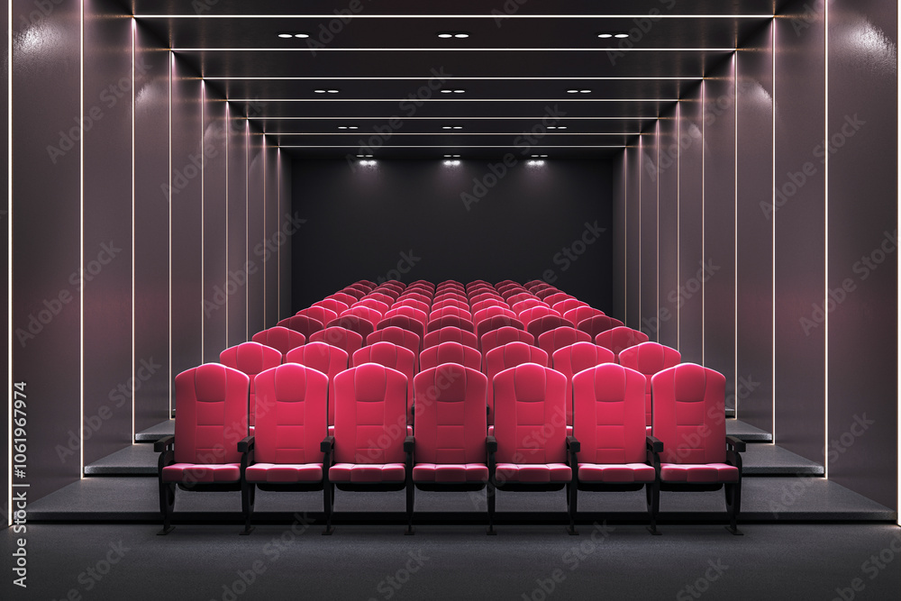 Poster modern cinema hall interior with rows of red seats in a dark room. 3d rendering