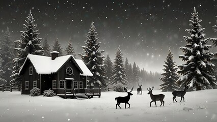 Snowy Winter Scene with Deer and Cabin