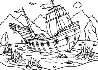 Pirate Shipwreck Illustration on Rocky Shore