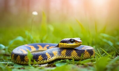 Close up of a snake slithering through green spring grass in a flowering meadow.