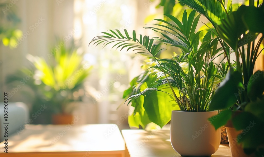 Poster sunlight streams through a window, illuminating a potted plant on a table with other plants in the b