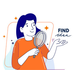 A woman finding Idea illustrations. finding solution, thinking, sharing offers, lightbulbs. Creativity, creation process.