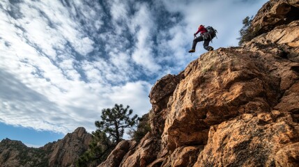 Hiker climbing up a rugged mountain trail with a backpack