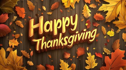Festive Happy Thanksgiving text surrounded by colorful autumn leaves on wooden background. warm colors and seasonal theme evoke sense of gratitude and celebration