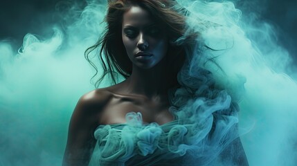 A mysterious and dramatic portrait of a figure shrouded in teal smoke, with the smoke swirling around them to create an enigmatic and ethereal aura.