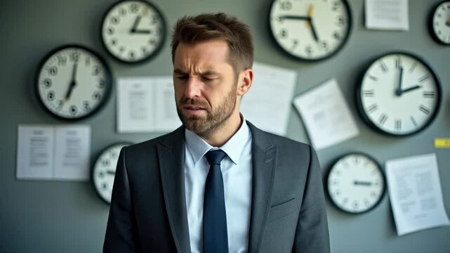 Stressed businessman in a suit holding his head with multiple clocks on the wall behind him, symbolizing time pressure and work-related stress in a corporate setting