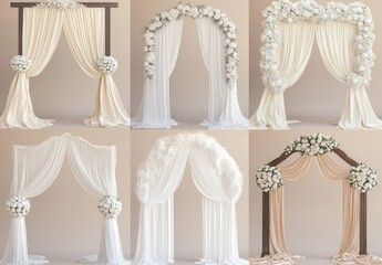 Elegant wedding ceremony backdrops with floral arrangements and drapery