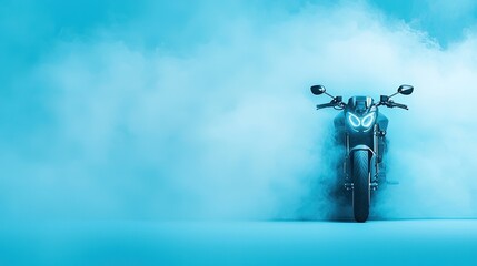 Sleek Modern Motorcycle Emerges from A Blue Fog